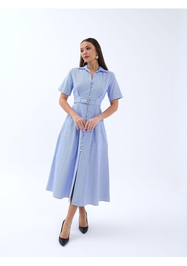 6948 Elbise-mavi Beyaz Çizgili Altın