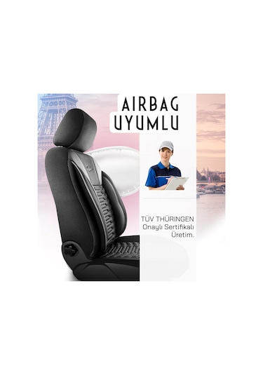 Panda Paris Serisi Pike Kumaş Oto Koltuk Kılıfı Tam Set Siyah - Gri