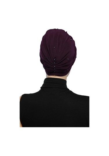 Kopma Astarlı İşlemeli Mor Payetli Yaprak Motifli Hazır Türban Tesettür Abiye Bone Mor