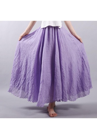 Kadın Zarif Yüksek Bel Keten Maxi Etek Yaz Bayanlar Rahat Elastik Bel 2 Katmanlar Etekler Saia Feminina Lavanta