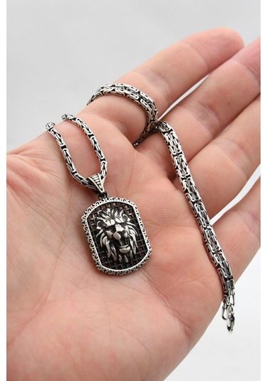 Aslan Figürlü 925 Ayar Gümüş Kolye Kral Zincir 2mm 902430 Gümüş