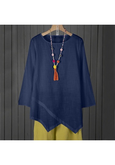Mavi Su Kadın O Boyun Uzun Kollu Gömlek Casual Düzensiz Hem Bluz Gevşek Çalışma Tunik Üstleri