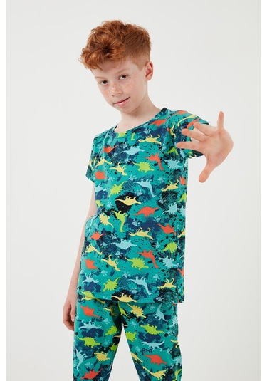 Lela Desenli % 100 Pamuk Bisiklet Yaka Erkek Çocuk Pijama Takımı 6651003 Yeşil