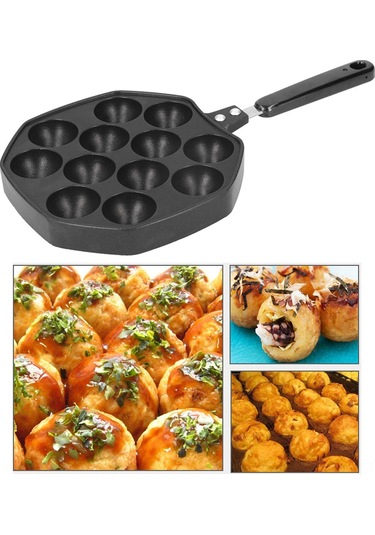 Monyee Evde Takoyaki Ve Yuvarlak Pancake Pişirmek İçin 12 Delikli Alüminyum Pişirme Tepsisi, Anti Kaynak Tutamaklı, Anti Yapışkan Kaplama Siyah