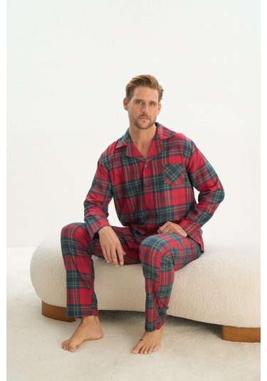 Erkek Uzun Kol Gömlek Yaka Önden Düğmeli Kırmızı Pijama Takım C1t5n5o9 001