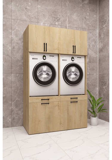 Mdf Çamaşır Makinesi Ve Kurutma Makinesi Dolabı Çift Sepetli Ahşap Lefkas Meşe