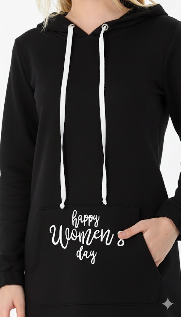 Kadın Uzun Boy Happy Women's Day Yazılı Siyah Kapüşonlu Cepli Elbise Siyah