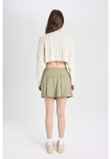 Defacto Coool Piliseli Normal Bel Basic Düz Gabardin Mini Etek D5265AX24AUKH461 Haki