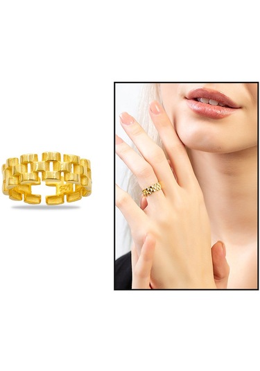 Zincir Tasarım Gold Renk Free Size 925 Ayar Gümüş Kadın Yüzük Sarı