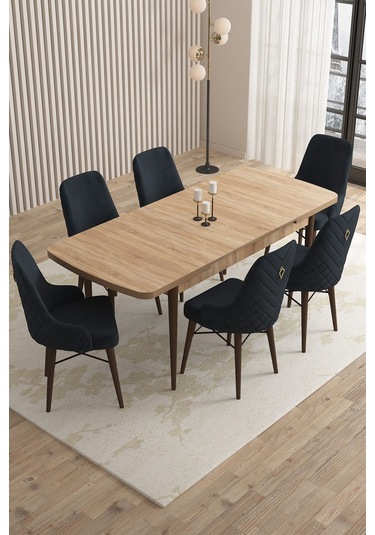 Mazaka Meşe Desen 80x132 Açılabilir Mdf Masa Yemek Odası Takımı, Mutfak Takımı 6 Adet Sandalye Antrasit