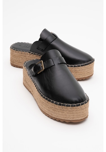 Luvishoes Novas Siyah Cilt Hakiki Deri Burnu Kapalı Hasır Dolgu Taban Terlik Siyah