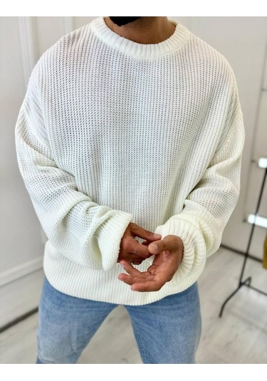 Kazak Oversize Çift Kat Örme Naturel Pamuk Bol Kesim Tüylenmeyen Salaş Triko Kazak Beyaz