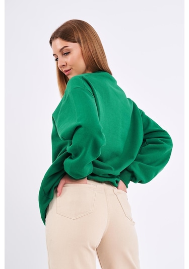 Comeor Yeşil Kadın Pamuklu Oversize Basic Bisiklet Yaka Sweatshirt 001