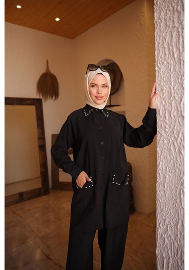 Kadın Tesettür Eşofman & Takımı, Alt Üst Uzun Takım Düğmeli Gömlek Pantolon 504 Siyah