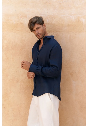Mai Collection Mai Studios Co. Agnola Oversize Erkek Lacivert Keten Gömlek Lacivert