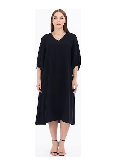 Galaxi Kadın Büyük Beden Midi Boy Truvakar Kol Elbise 1090 Siyah