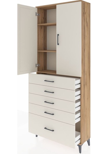 Arges Dolap 3 Raflı 5 Çekmeceli 2 Kapaklı 88x30x221 Çam-aytaşı Çam