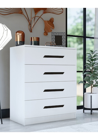 Gm 084 Almina 4 Çekmeceli Siyah Kulplu Beyaz Şifonyer