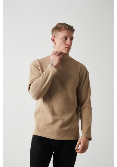 R-5849 Boğazlı Düz Örme Kazak Sweat Vizon