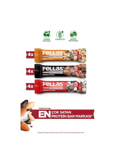 Fellas Yüksek Protein Bar 45g Karma Kutu 12 Adet (3 Çeşit)