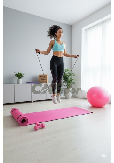 5 Li Pilates Seti 10mm Pilates Matı + Studio Topu + 1kg X2 Dambıl + Atlama İpi Ev Fitness & Full Body Egzersiz Seti Pembe