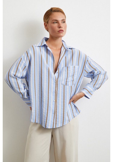 Kahve Çizgili Gömlek Mavi Mavi