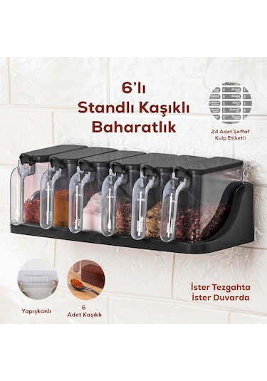 Porsima 1183 Standlı Kaşıklı Kapaklı Baharatlık Seti 6 'lı Siyah