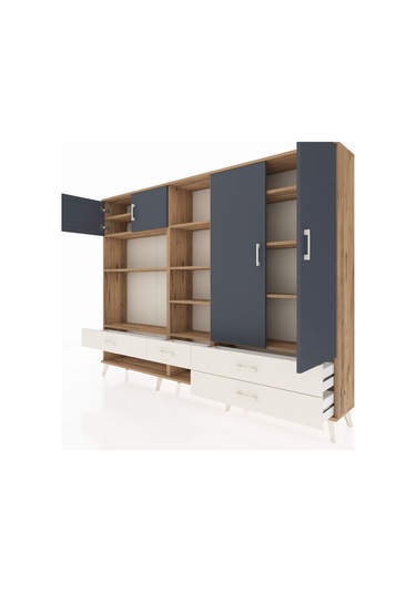 Arges Dolap 12 Raflı 4 Çekmeceli 4 Kapaklı 220x30x163 Çam-antrasi Çam-antrasit/aytaşı