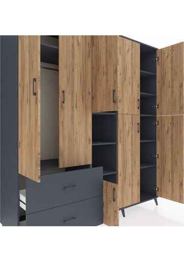 Kronos Dolap 12 Raflı 2 Çekmeceli Tek Askılı 220x59x243 Antrasit-çam/antrasit Atlas Çam/antrasıt