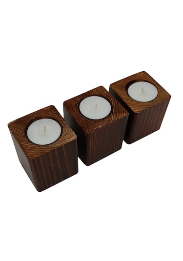 Doğal Ahşap Dekoratif Küp Mumluk 6 X 6 Cm 3 Lü Set Mum Dahil