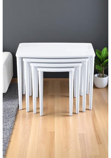 Terra Beyaz 1. Sınıf Yüksek Kaliteli 4 Lü Zigon Sehpa Takımı Beyaz Tabla Beyaz Ayak