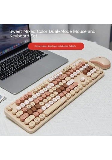 Renkli Daktilo Tarzı Vintage Mekanik Klavye Mouse Pc Laptop Uyumlu Kablosuz