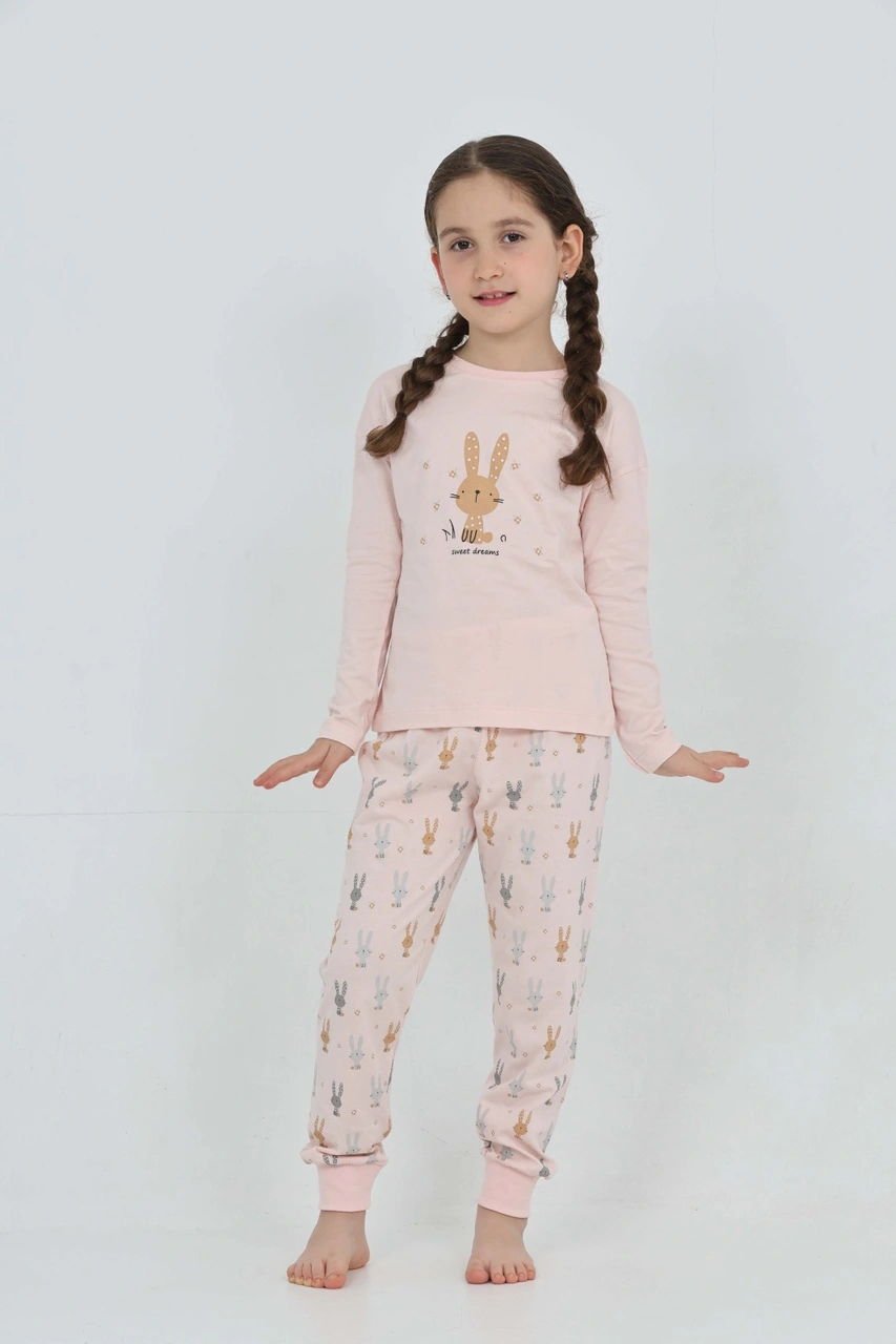 Toontoy Kız Çocuk Tavşan Baskılı Pijama Takım Pudra