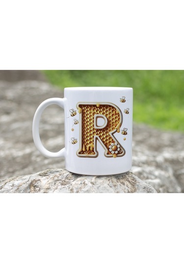 R Harfi Bal Arısı Tasarım Kupa Bardak - Bal Ve Petek Desenli Kişiye Özel Kahve Kupası - Hediyelik Beyaz