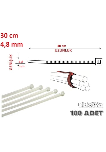 100 Adet 30cmx4,8mm Beyaz Plastik Cırt Kelepçe Kablo Bağı