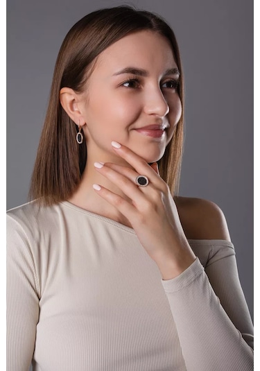 Lamponi Yuvarlak Siyah Taşlı 925 Ayar Altın Kaplama Halka 206255016 Altın