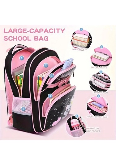 Dream011 Sevimli Çizgi Film Kedi Desenli Siyah Küçük İlkokul Çantası 1-6 Sınıflar İçin Kız Ve Çocuk Ultra Hafif Büyük Kapasiteli Siyah