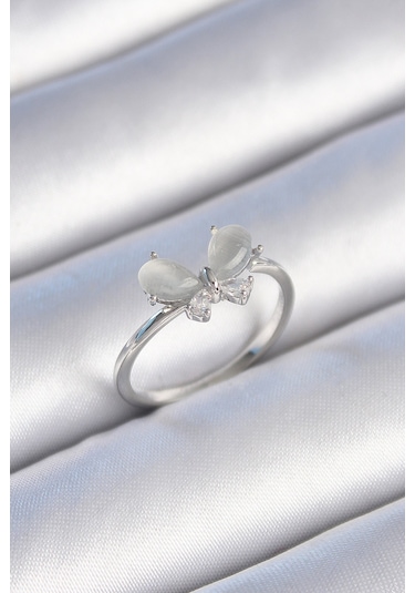 Gümüş Renk Zirkon Taşlı Beyaz Mineli Kelebek Model Kadın Yüzük - Ebj241214w29780 Bakır