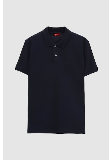 D's Damat Ds Damat Regular Fit Lacivert Pike Dokulu %100 Pamuk Kıvrılmaz Polo Yaka Nakışlı T-shirt 4HC14ORT51000 Lacivert