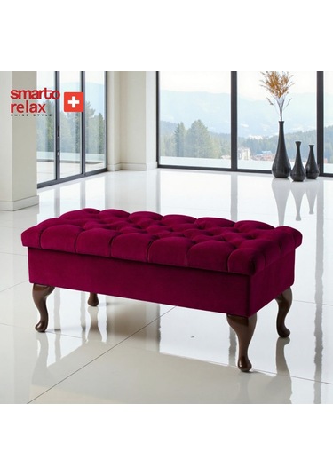 Smarto Relax Puf Mürren Sandıklı Ayaklı Kapitoneli Dekoratif 100x40x45 Cm Kırmızı Kırmızı