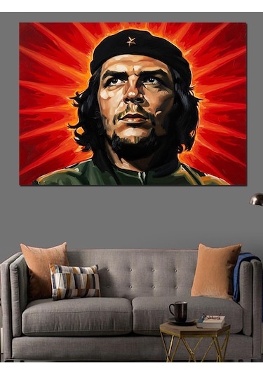Kırmızı Arka Planda Karizmatik Che Guevara Dekoratif Kanvas - Mdf Ahşap Tablo