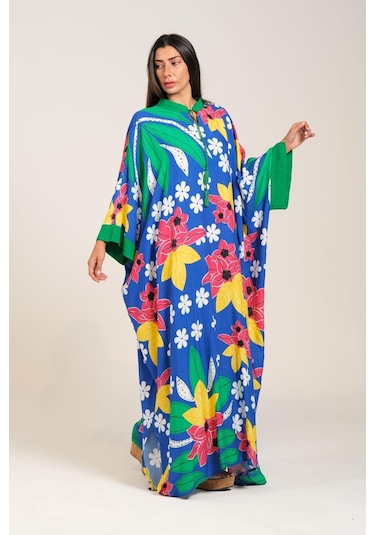 Kadın Mavi Çiçekli Sıfır Yaka Yarasa Kollu Oversize Uzun Elbise - Mavi