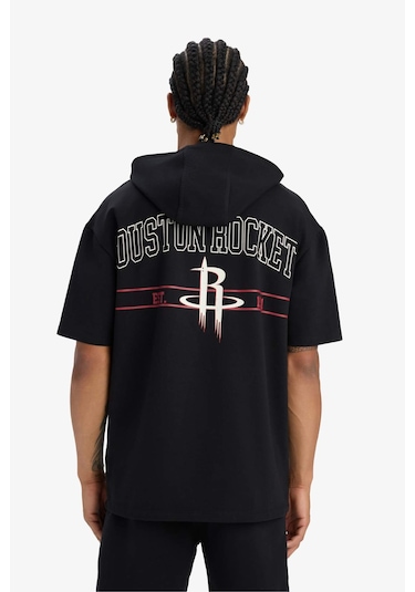 DeFactoFit NBA Houston Rockets Oversize Geniş Kalıp Kapüşonlu Sırt Baskılı Kısa Kollu Tişört D9898AX25SPBK81