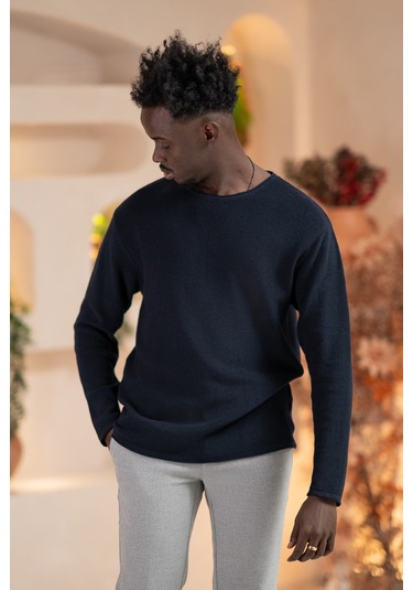 Regular Fit Likralı Kendinden Çizgili Mevsimlik Spor Kazak Lacivert