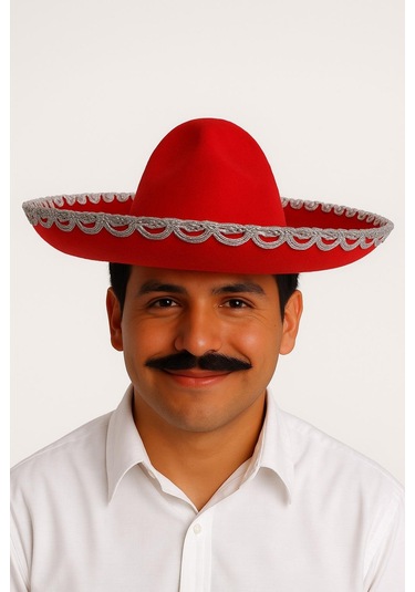 Meksika Mariachi Latin Şapkası Lüks 41cm Kırmızı Zemin Üstüne Gümüş Sim Kenarlıklı Parti Kostümü