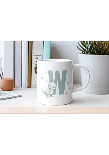 W Harfi Sevimli Dinozor Kupa Bardak - Açık Yeşil Yıldız Detaylı Dino Tasarım - Hediye Beyaz