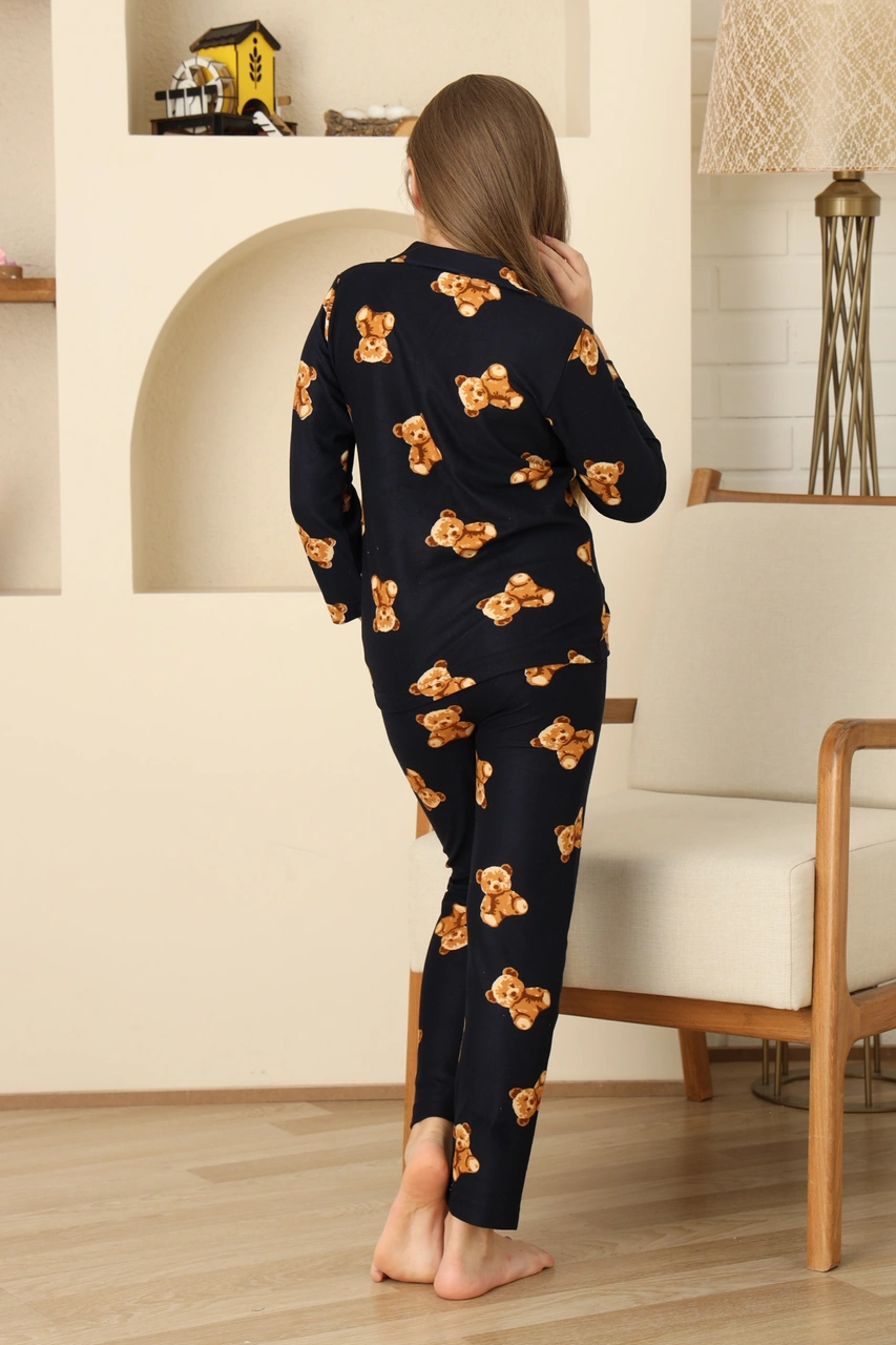 Kız Çocuk Pat Yakalı-ayıcık Baskılı Ve Düğme Kapamalı Pijama Takımı 12308 Lacıvert