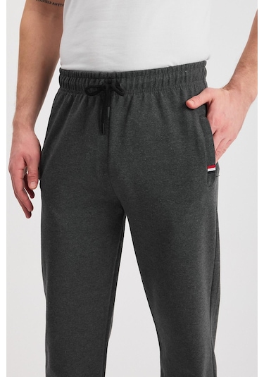 Antrasit Erkek Fermuarlı Cepli Nakış Detaylı Düz Paça Rahat Kesim Günlük Eşofman Altı Antrasit