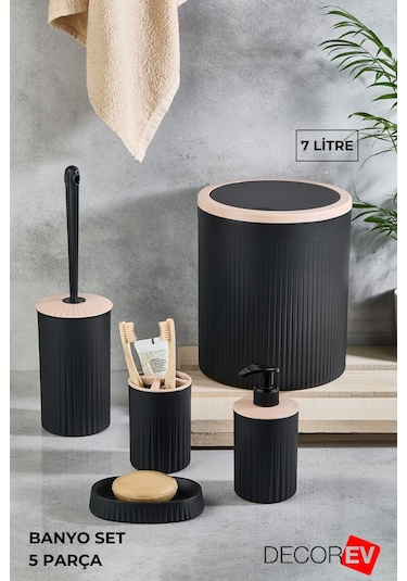 Decorev 5'li Banyo Seti Siyah Tuvalet Kova Wc Set Siyah
