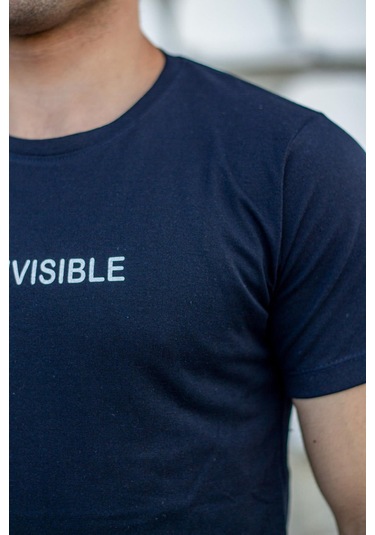 Erkek Lacivert Invisible Yazı Baskılı Basic Kısa Kollu Bisiklet Yaka Tişört 20etshyunz 001